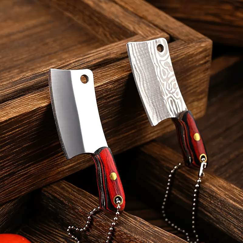 1pc Compact Stainless Steel Mini Knife with Wooden Handle Key Ring Lightweight P