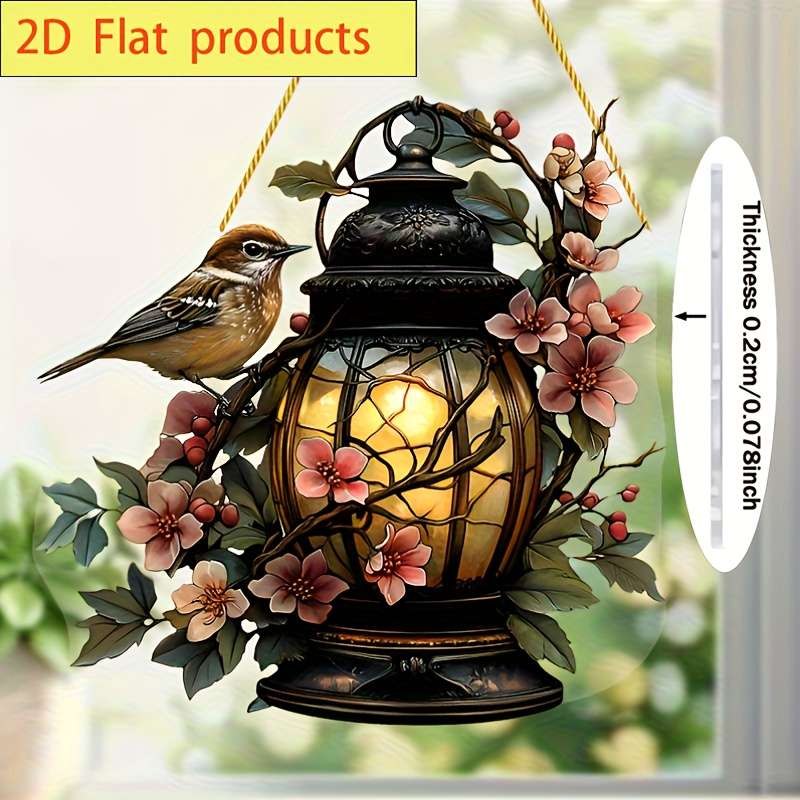 1pc 2D Flat   Acrylic Sparrow and Lantern Sun Catcher Rustic Wall Hanging Decor with Pink Flowe