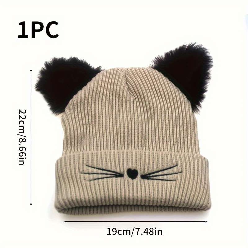 1pc Women's Cute Cat Ear Knit Beanie with Embroidery Acrylic Stretch Skull Cap for Winter Warmth