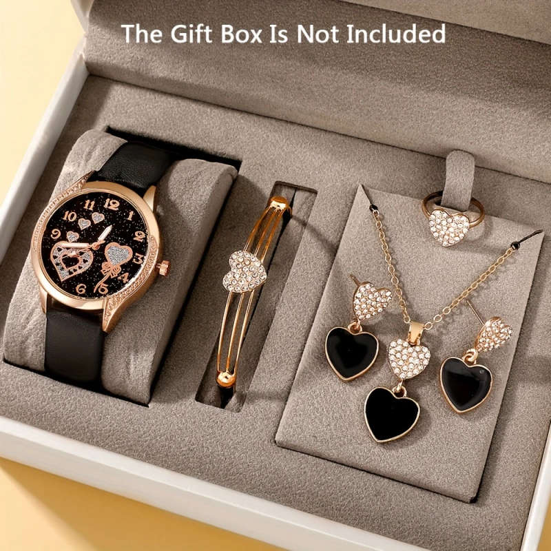 4pcs set Women's Fashion Quartz Watch Black PUPU Leather PU Leather Rhinestone Necklace Earrings Rin