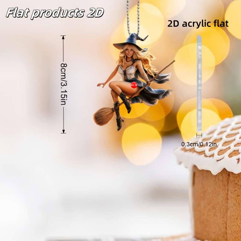 1pc 2D Flat  Princess with Blonde Hair Wearing Witch Hat and Cloak Riding Broom Flying Pendant Made