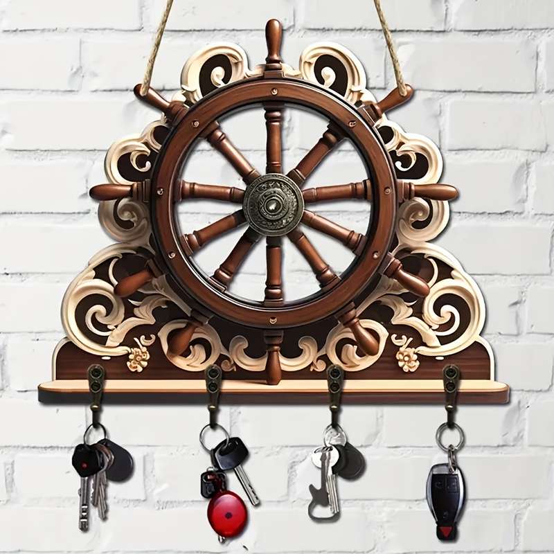 1pc Nautical Rudder Wall Key Holder with 4 Metal Hooks Manufactured Wood Hanging Storage General F