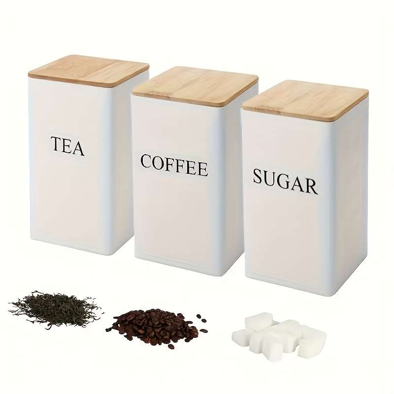 LDQ Set of 3 Iron Kitchen Canisters with Wooden Lids Washable Uncharged Engraved Label Stor
