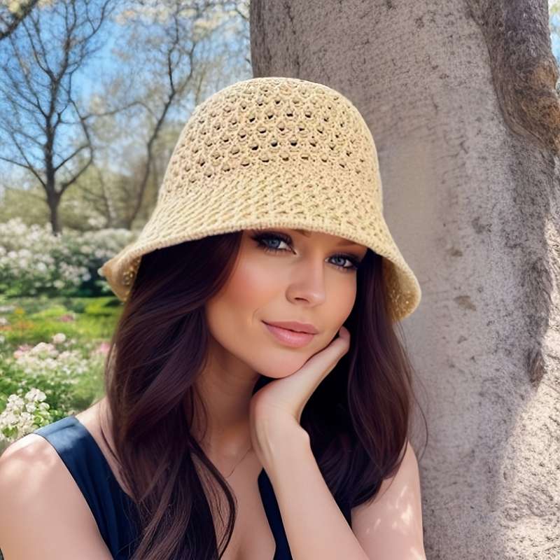 1pc Summer Sun Hat Hollow Out Knitted Polyester Bucket Hat Sun Protection for Fishing