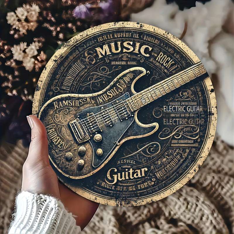 1pc Vintage Round Aluminum Tin Sign with Guitar Design 1 Piece Foil Engraved Metal Signage Durab
