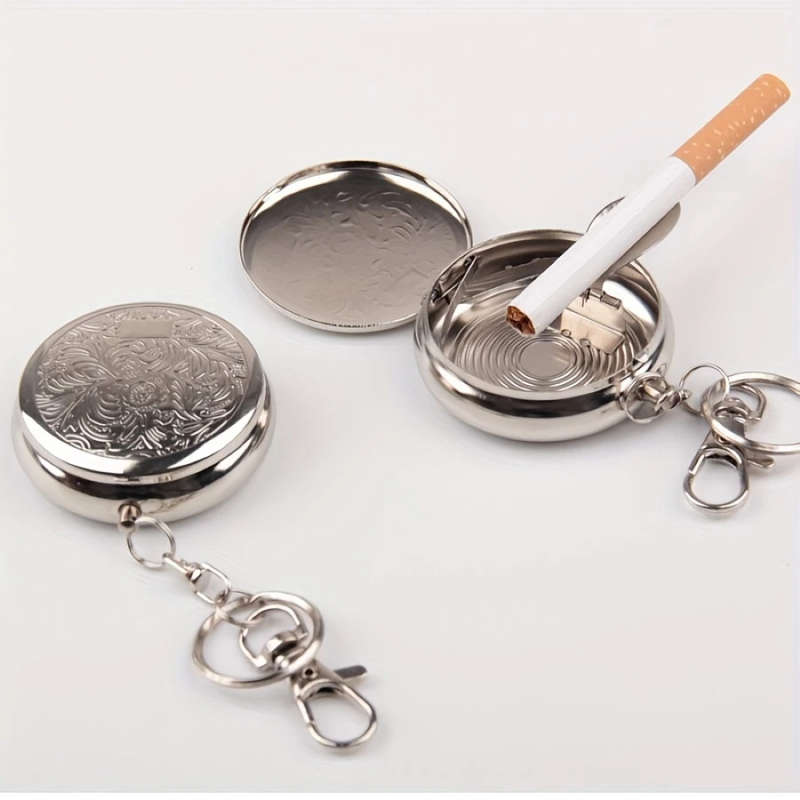 1pc Stainless Steel Round Ashtray with Key Ring No Battery Required Color sent randomly