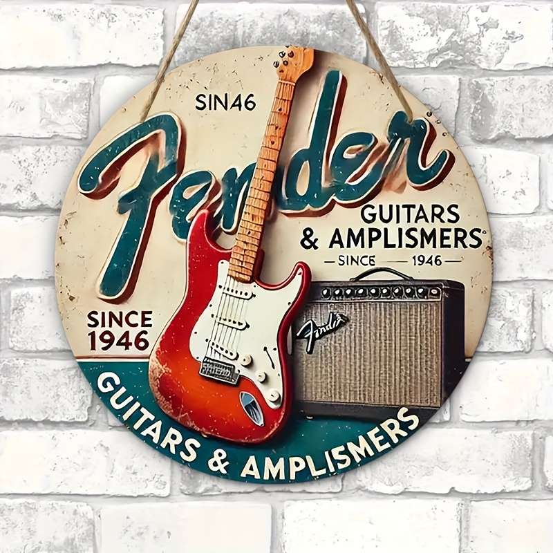 1pc Artistic Flair Vintage Fender Guitars Amplifiers Wooden Wall Art 19.81cm Round Rustic Han