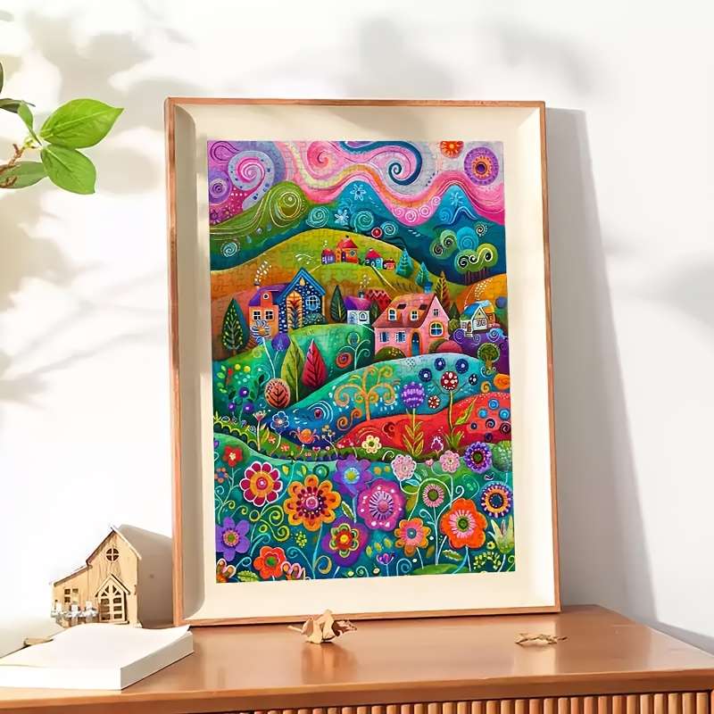 1000pcs Dreamy Flower Valley Adult Puzzle Vibrant Floral Landscape with Colorful Ho