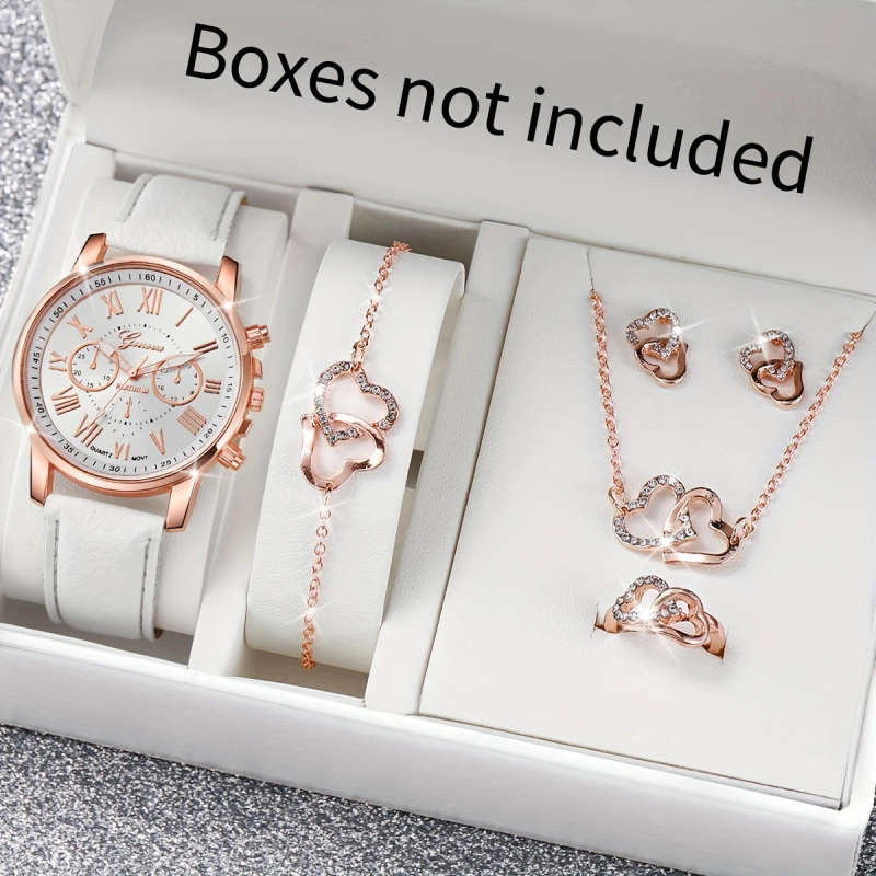 6pcs set Elegant Women'S Quartz Watch with Roman Numerals Dial and Jewelry Set Round Alloy Case PU L