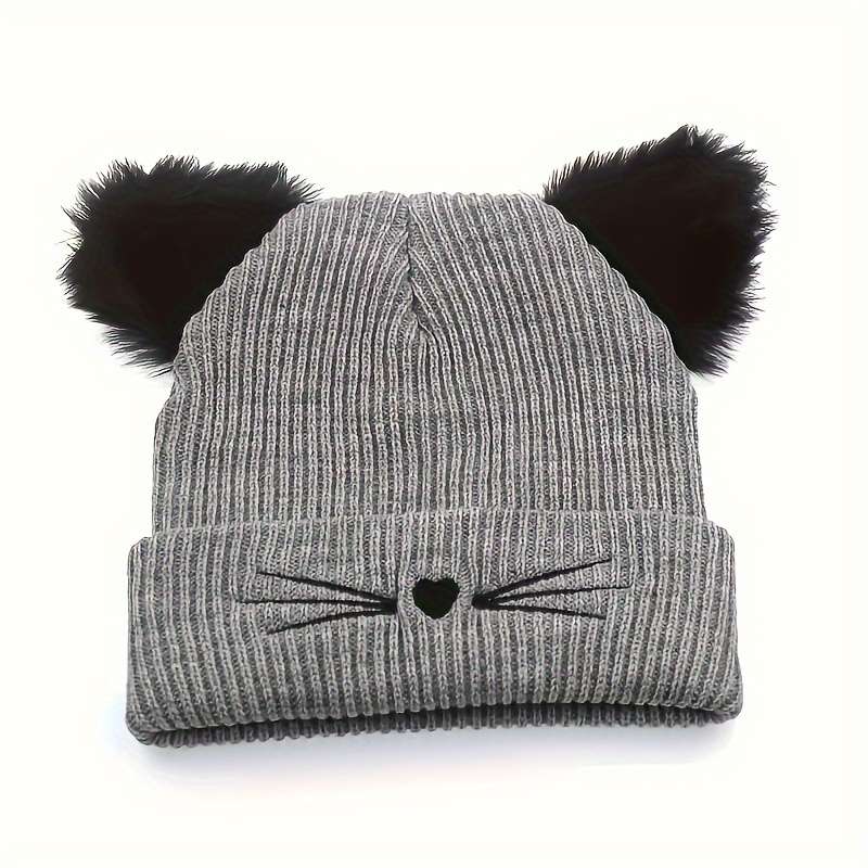 1pc Women's Cute Cat Ear Knit Beanie with Embroidery Acrylic Stretch Skull Cap for Winter Warmth