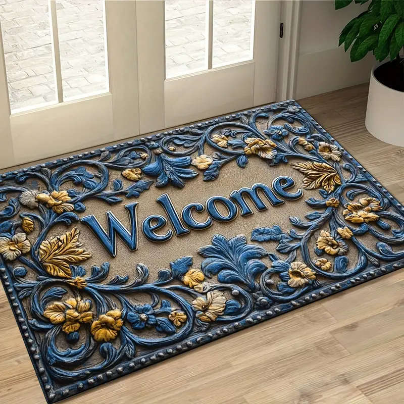 1pc Chic Abstract Line Welcome Doormat Botanical Pattern Non-Slip Machine Washable Polyester Rug