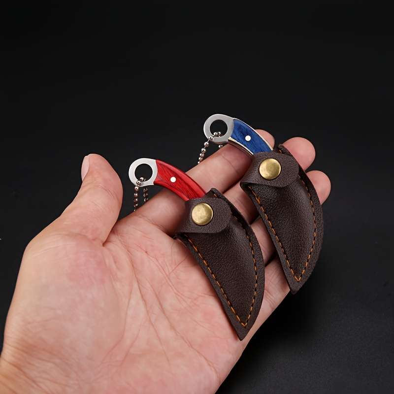 1pc Compact Stainless Steel Keychain Knife with Red Handle Faux Leather Sheath