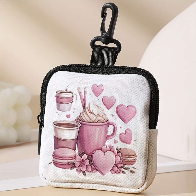 1pc Charming Pink Coffee Heart Pattern Mini Wallet Portable Organizer for Keys Cards Small I