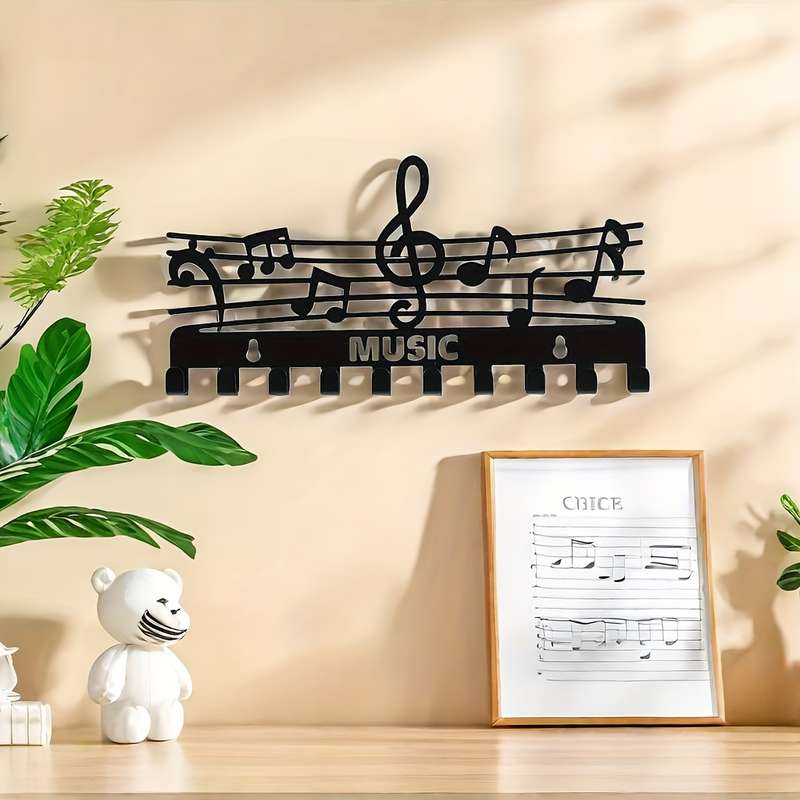 1pc Black Iron Music Note Key Hook Rack Multifunctional Wall-Mounted Storage Organizer Painted Fin