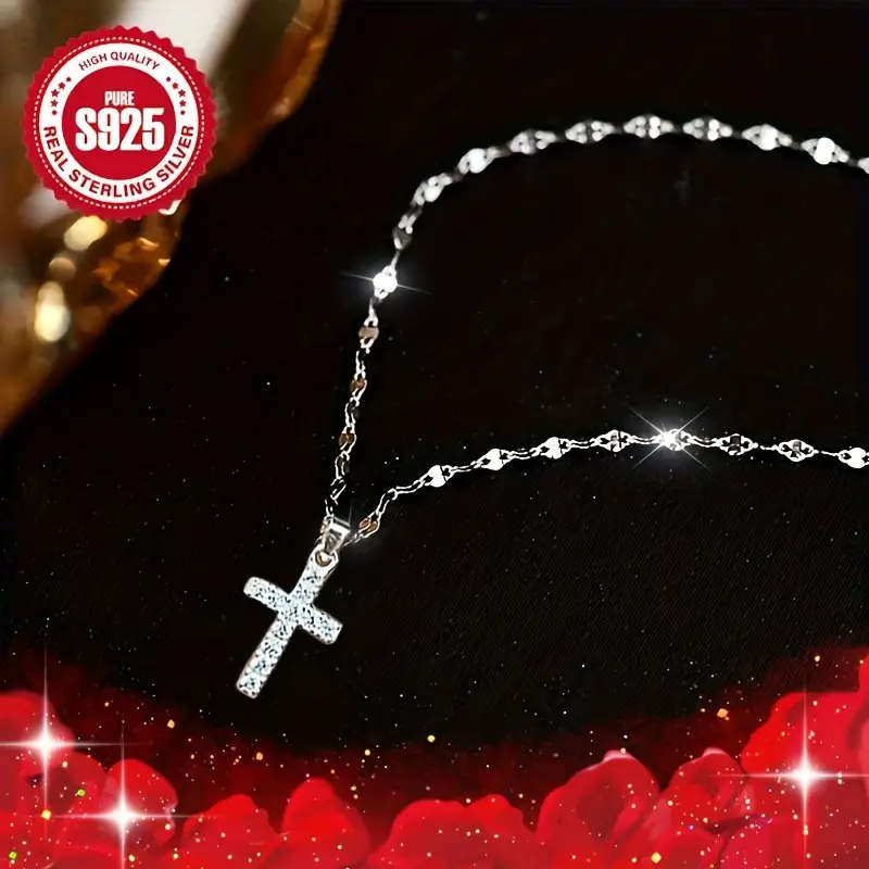 3 Piece 925 Silver Necklace with Cross Pendant, Zirconia Necklace and Cross Pendant Bracelet