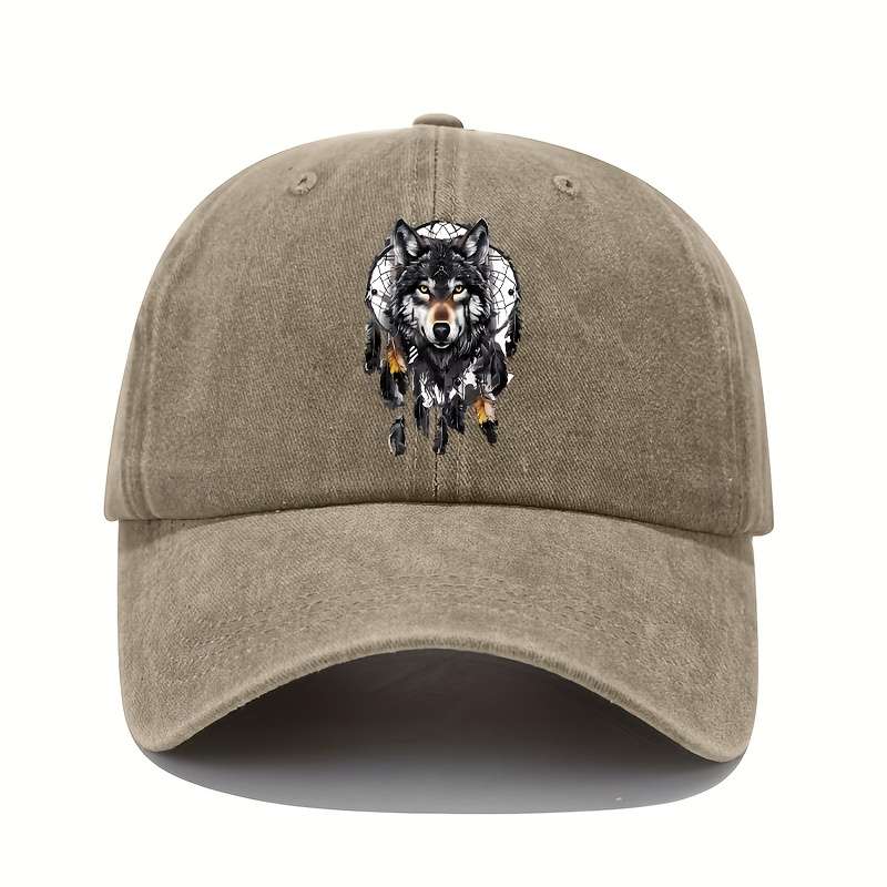 1pc Vintage Washed Cotton Baseball Cap with Wolf Totem Print Adjustable Sun Protection Hat for Al