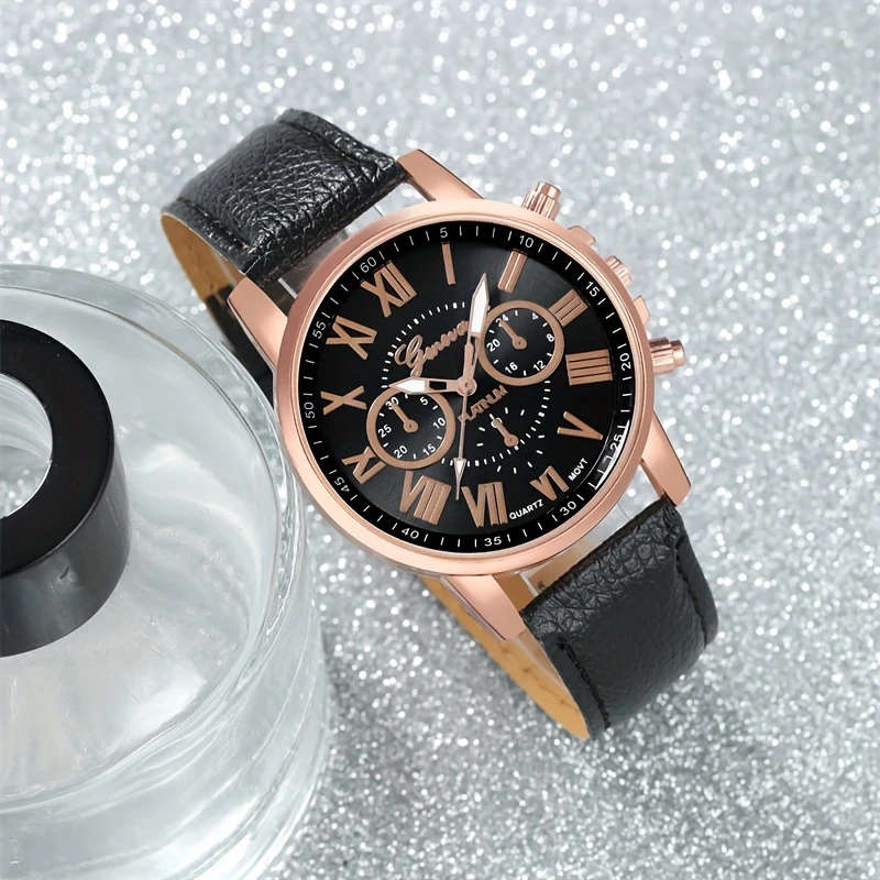 1pc Fashion Quartz Watch Rose Golden Accents White PU Leather Strap Round Dial with Black Numerals
