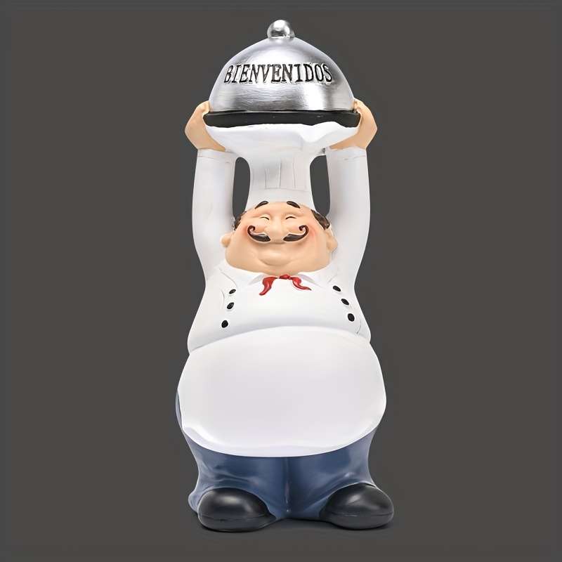 1pc Vintage European Chef Figurine Resin "BIENVENIDOS" Welcome Sign Cartoon-Style Kitchen Decor