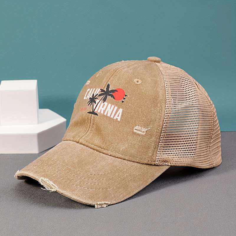 1pc California Beach Sunset Printed Cotton Baseball Cap with Mesh Back and Adjustable Snap Closure