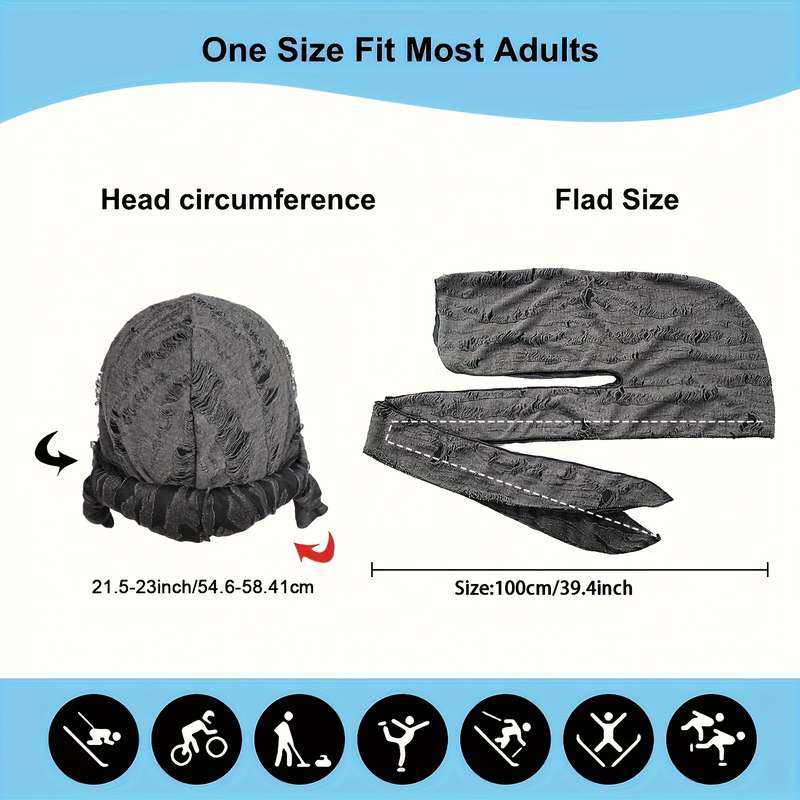 1pc Men'S Vintage Distressed Pirate Hat with Adjustable Ties Black Knit Polyester Rapper Wrap Tur