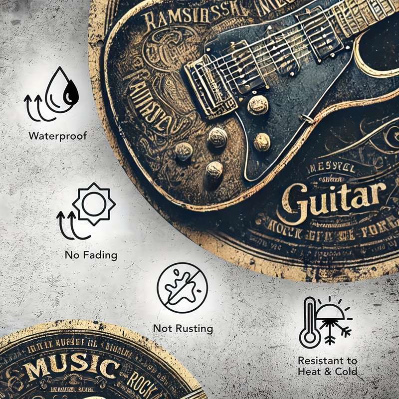 1pc Vintage Round Aluminum Tin Sign with Guitar Design 1 Piece Foil Engraved Metal Signage Durab