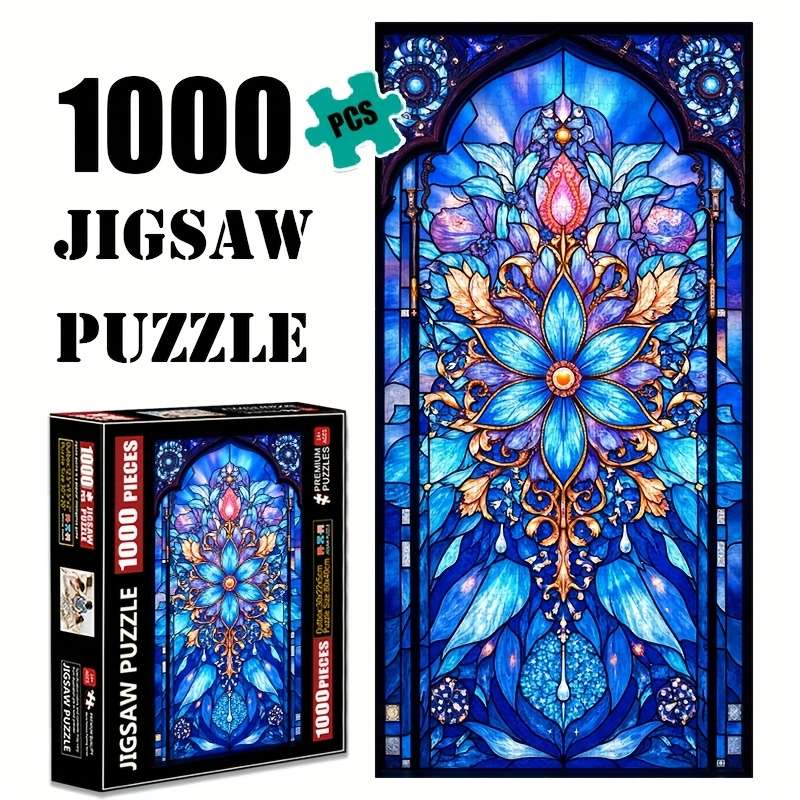 1000pcs Jigsaw Puzzle Vibrant Blue Floral Stained Glass Door Design 20.32x10.16 cm