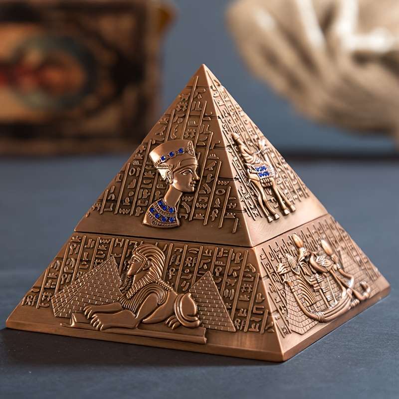 1pc Vintage Egyptian Pharaoh Metal Pyramid Ashtray Triangular Hieroglyphic Design with Lion