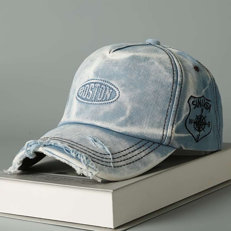 1pc Vintage Washed Denim Baseball Cap with "BOSTON" Embroidery Lightweight Soft Top Wide Brim