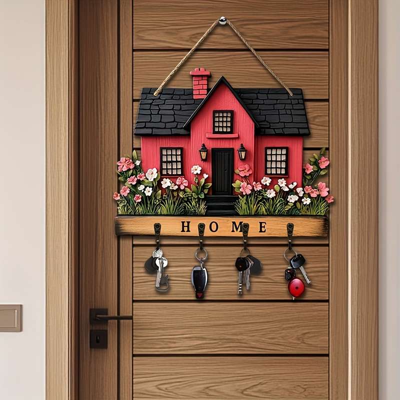 1pc romantic flowers and red house wooden key hanger key storage with hooks four-season multi-fun