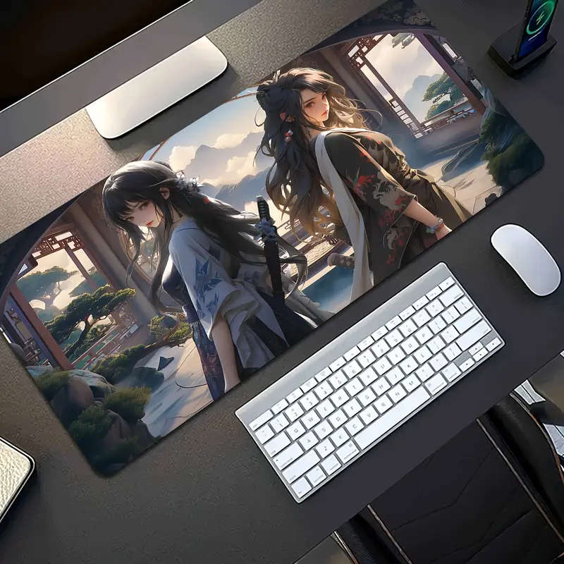 1pc 30x60cm Ergonomic Non-Slip Rubber Gaming Mouse Pad with Dual Samurai Warriors Design
