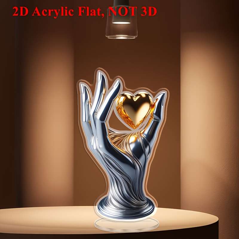1pc 2D Flat  Luxurious  Acrylic Hand Holding Heart Decorative Sculpture Glossy Metallic Finish