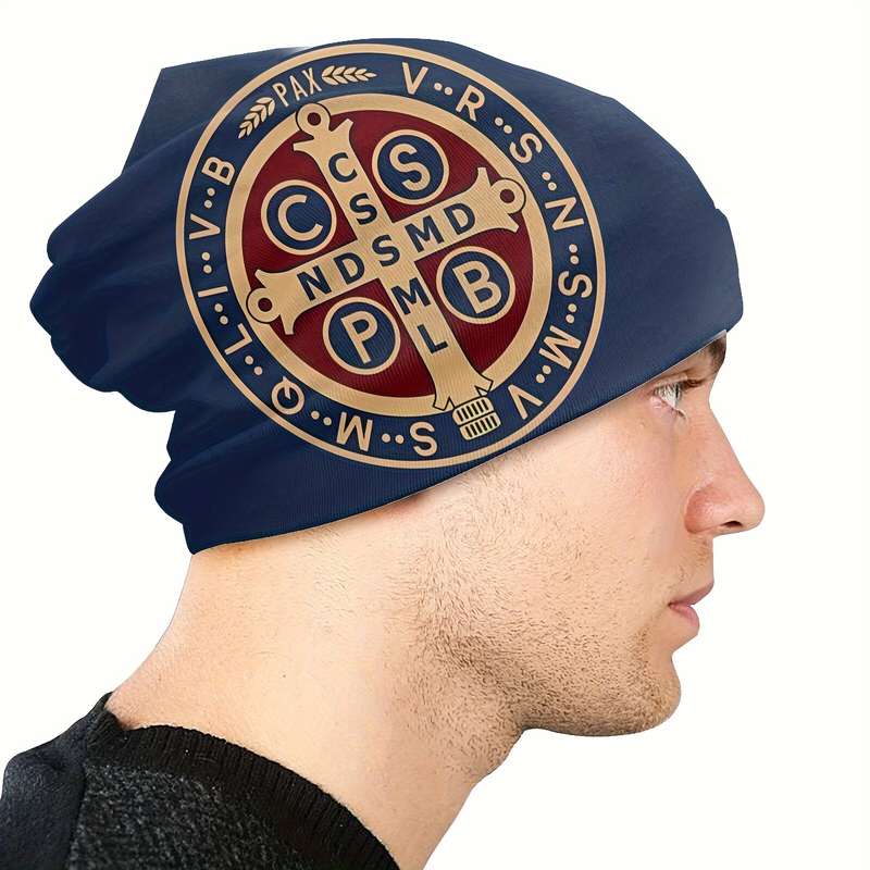 1pc Men's Saint Benedict Medal Print Skull Cap Royal Style Polyester Knit Beanie with Elastane Str