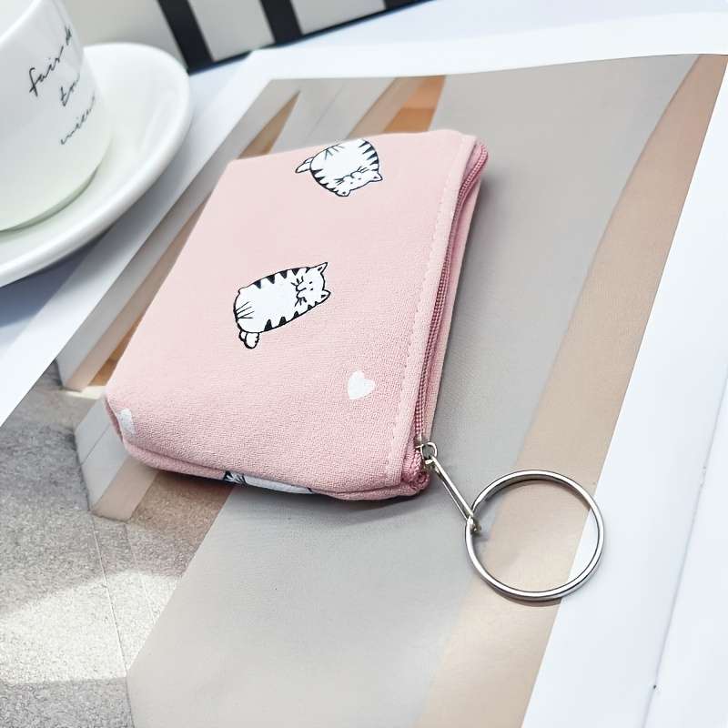 1pc Cute Cat Print Canvas Coin Pouch Portable Fashionable Zipper Wallet with Whimsical Blue