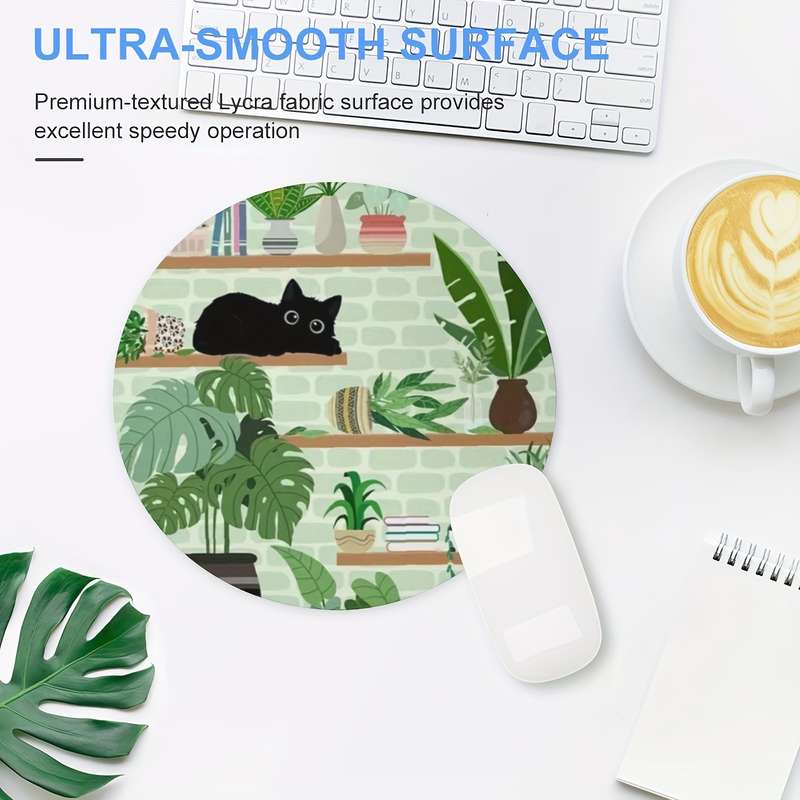 1pc Ergonomic Black Cat Round Mouse Pad for Women and Girls Non-Slip Washable Rubber B