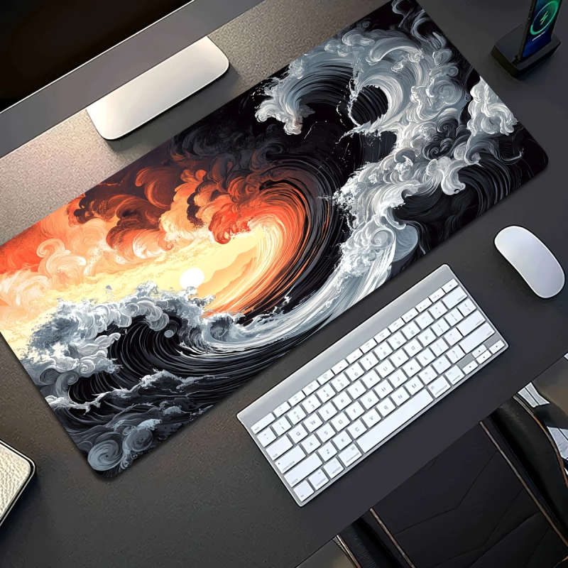 1pc 40x90cm Vibrant Wave Sunset Design Mouse Pad Non-Slip Washable Rubber Desk Mat