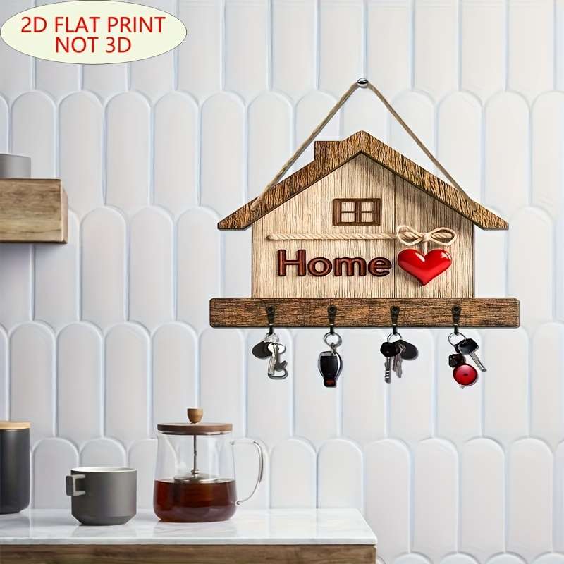 1pc Rustic Wooden Key Rack with 4 Metal Hooks Easy Wall-Mounted Installation Traditional Home Deco