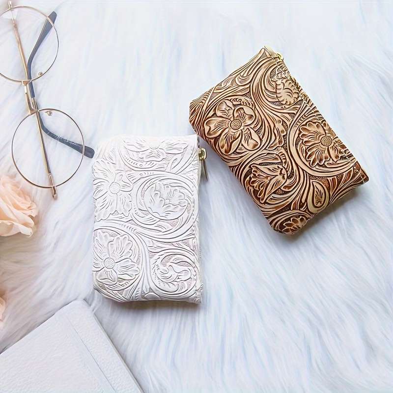 1pc Vintage Floral Embossed Faux Leather Coin Purse Fashion Hard Shell Zippered Key Pouch No