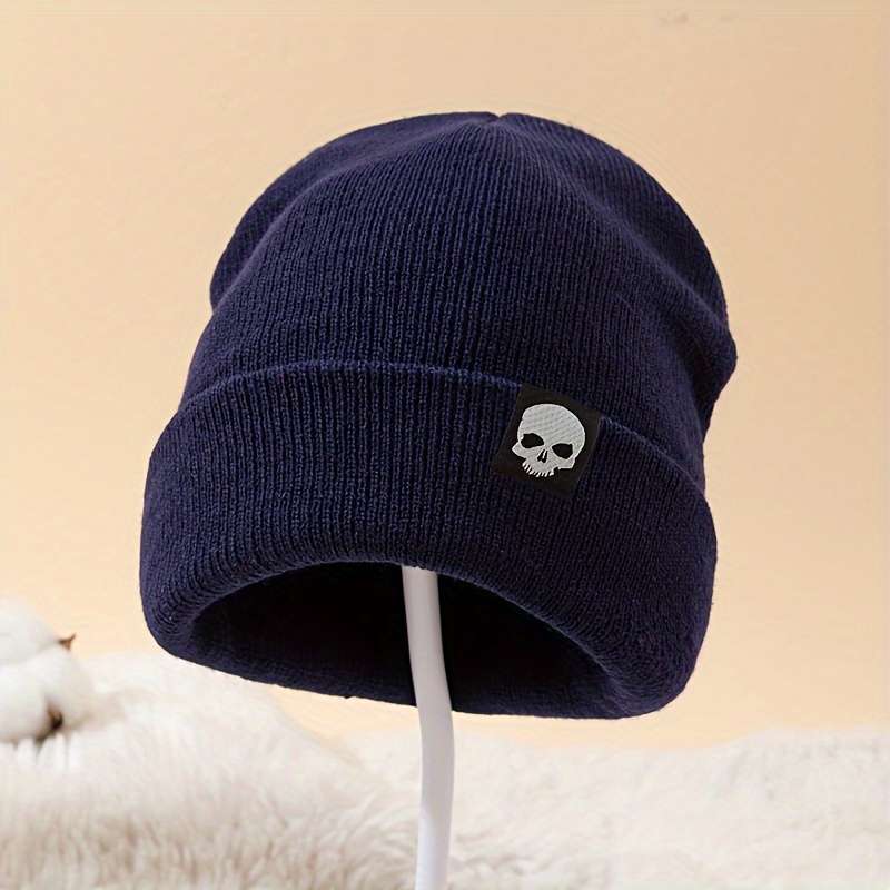1pc MAKEFGE Skull Logo Knit Beanie Warm Stretchy Acrylic Winter Hat for Men Funky Style Handw