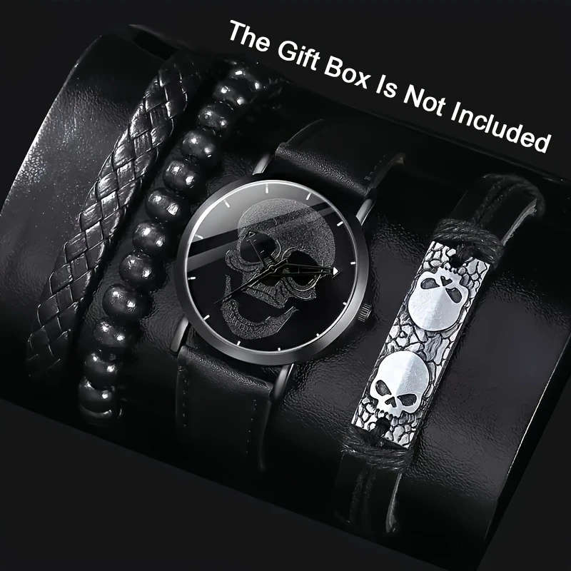 4pcs New Men'S Personalized Skull Pattern Black Quartz Watch Stylish Bracelet Set a Father'S Day Gif