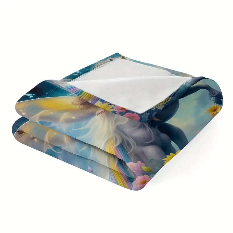 1 Romantic Unicorn and Floral Design Printed Flannel Blanket 100CM*130CM