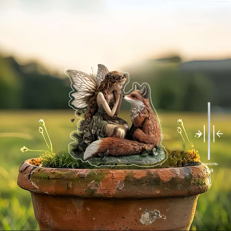 1pc 2D Flat   Bohemian Style Garden Decoration Ground Insert Enchanting Fairy Girl and Fox Scen