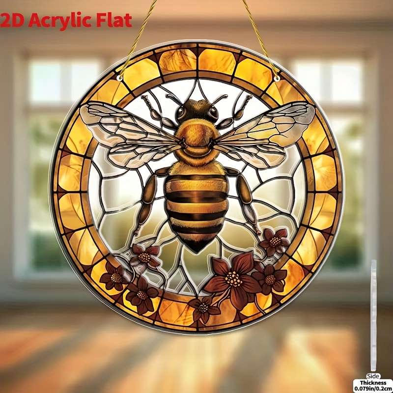 1pc 2D Flat  20.32x20.32 cm Bee Flower Stained Glass-Style Acrylic Suncatcher Vibrant Yellow