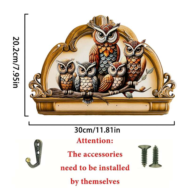 1pc Owl  Floral Wooden Key Hanger with Four Metal HooksColorful Traditional Design for Home Wa