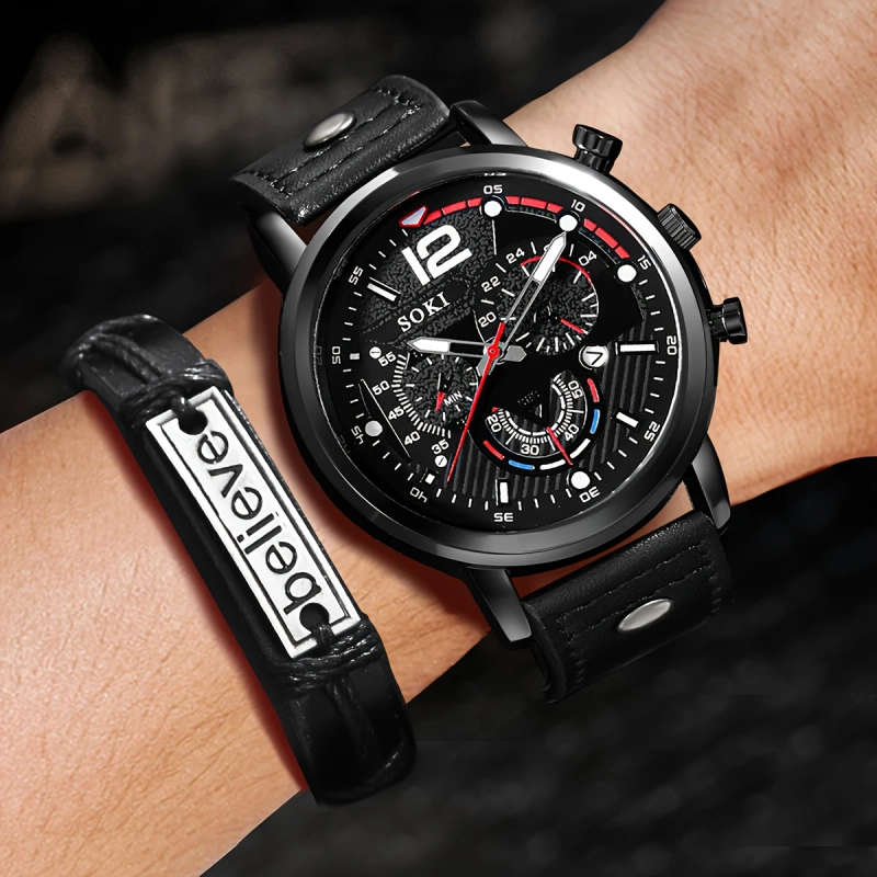 2pcs set Men's Quartz Watch SOKI Brand Casual Style with Large Numeric Dial Calendar Function Black
