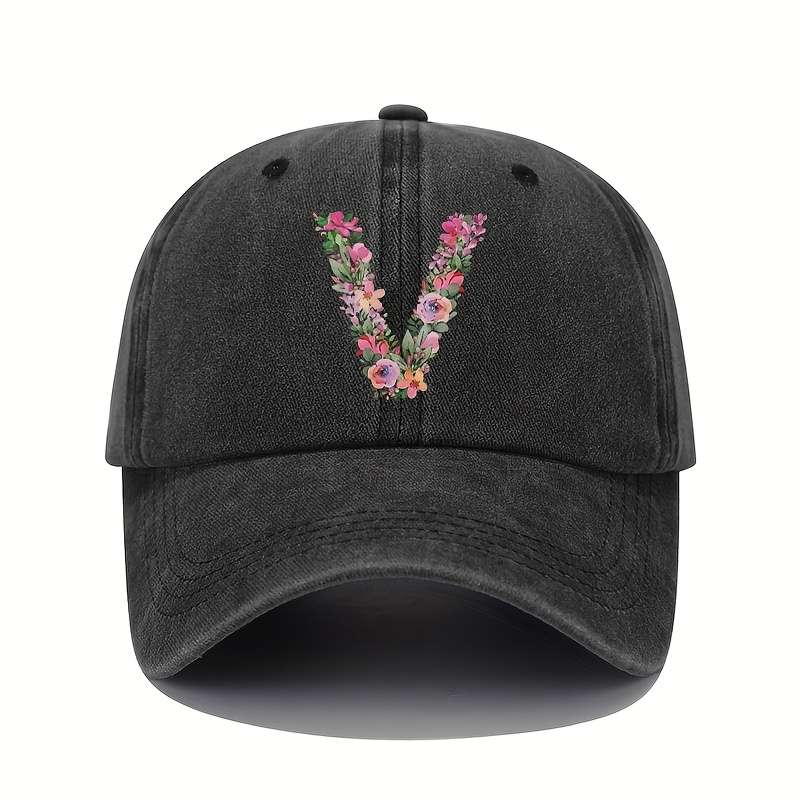 1pc Floral Letter V Print Baseball Cap Vintage Washed Cotton Hat Adjustable Sun Protection Cap wi