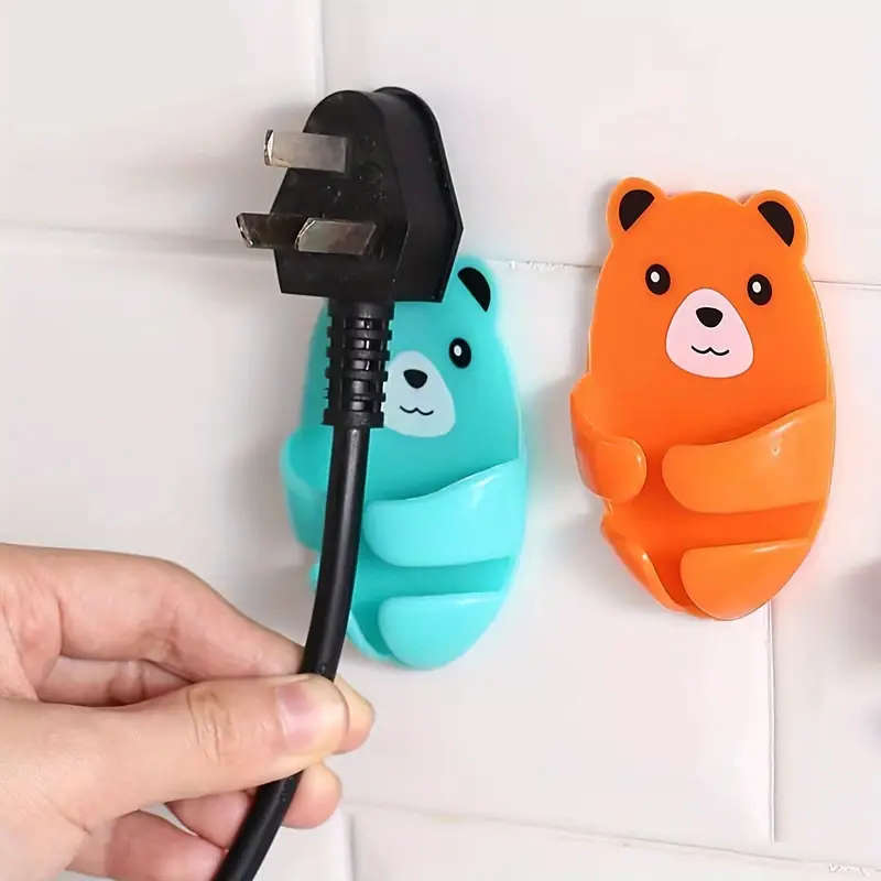 4pcs Cartoon Bear Wall-Mounted Power Strip Holder Strong Adhesive Cable Organizer Easy Install Kitch
