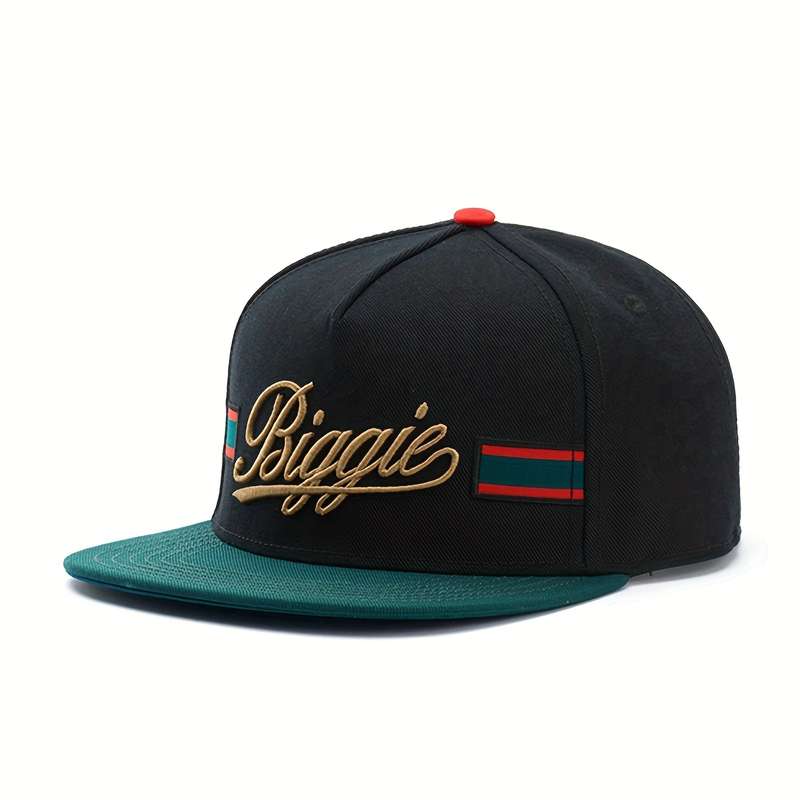 1pc Biggie Golden Embroidered Flat Brim Snapback Hat Adjustable Lightweight Black with Green