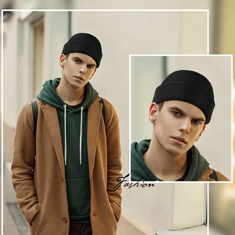 1pc Brimless Casual Style Fisherman Hat Short Ribbed Brimless Hat Lightweight Warm Winter Head
