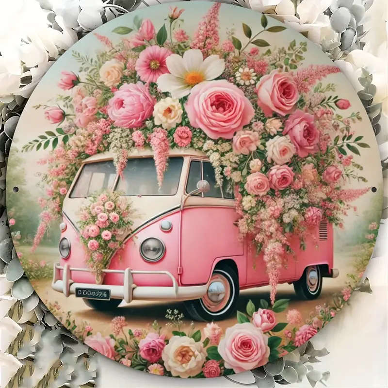 1pc Vintage Pink Van with Floral WreathAIron Wall Art Sign 1 Piece Durable and Easy to Hang Ideal fo