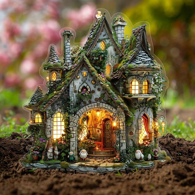 1pc 2D Flat   Enchanted Fairy Tale Cottage Garden Planter Rustic  Acrylic Outdoor Deco
